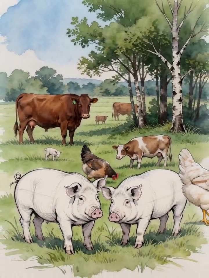 Watercolour sketch of the animals on pasture