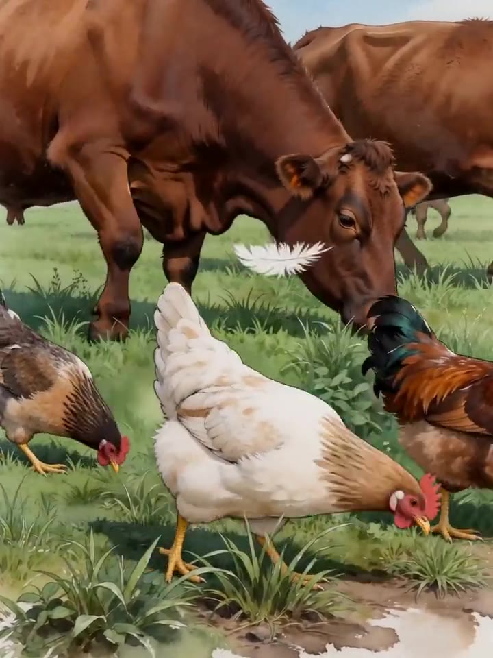 Watercolour sketch: hens foraging on pasture with a cow grazing just behind them