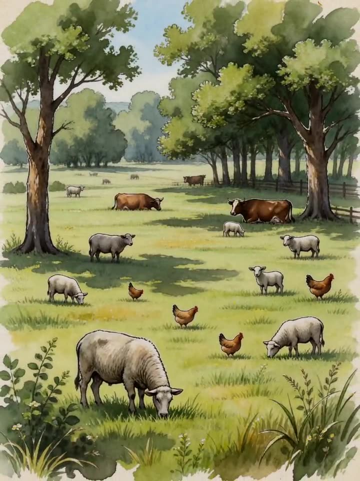 Watercolour sketch of sheep, cattle and hens thriving in silvopasture