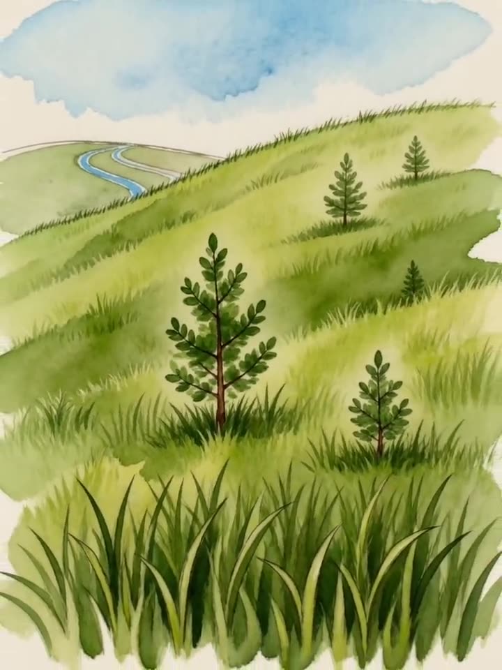 Watercolour sketch of the regrown hillside