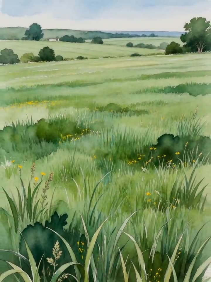 Watercolour sketch of healed ground, deep roots and green pasture