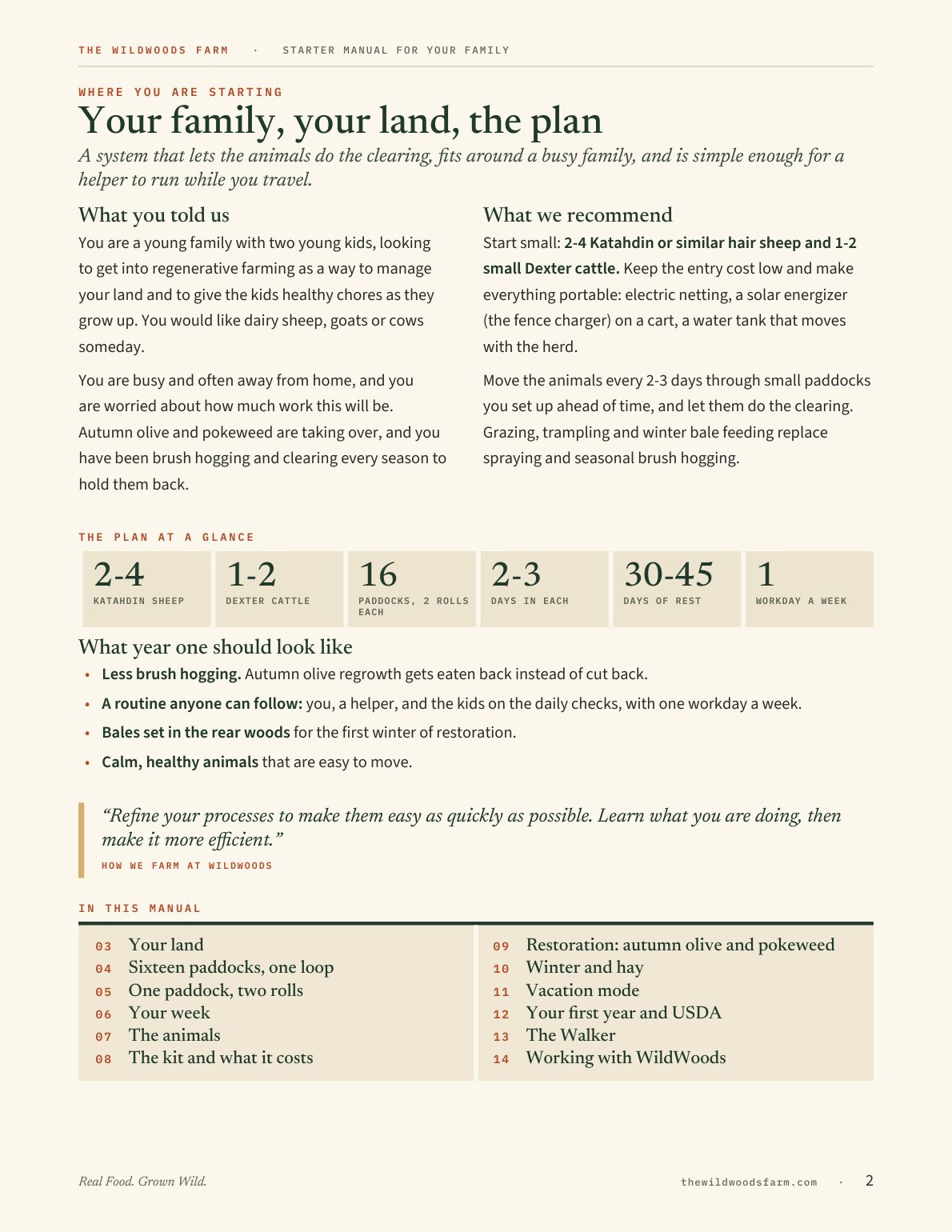 Page 2: what the family told us, what we recommend, and what year one should look like