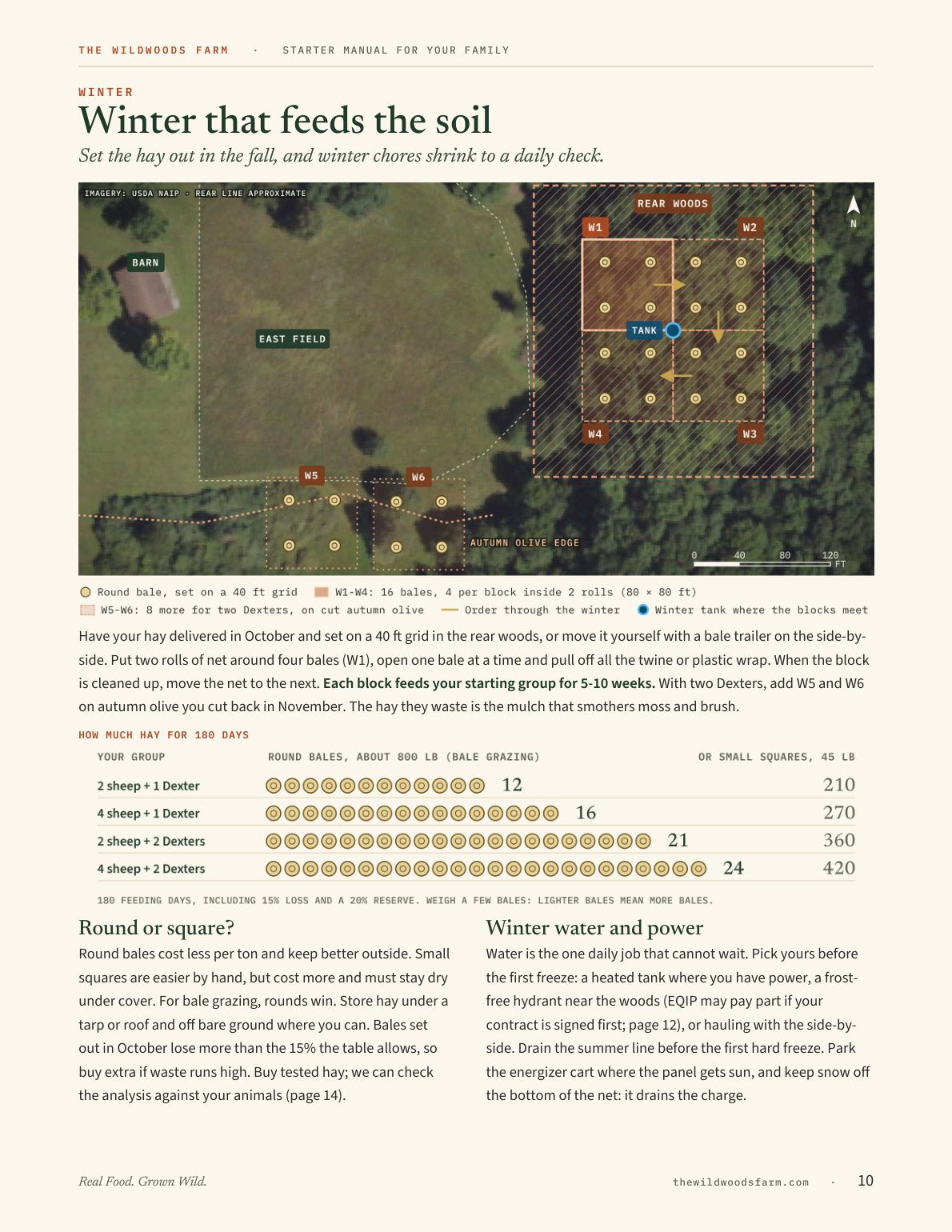 Page 10: winter hay feeding that builds the soil, with how many bales to buy