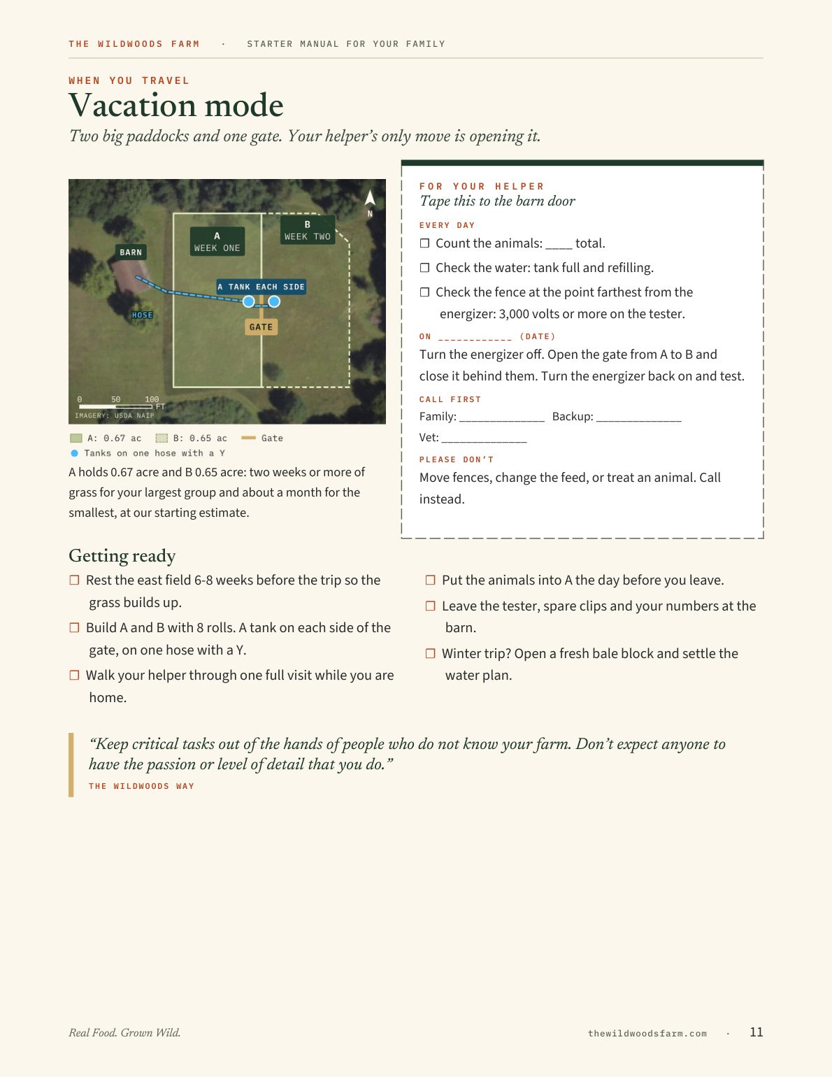 Page 11: vacation mode, with a checklist for whoever watches the place
