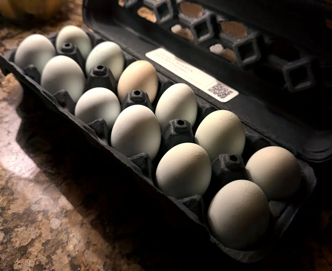 One dozen of the flock&rsquo;s eggs in an open carton — sky blue, sage green, mint and one warm cream, no two the same shade